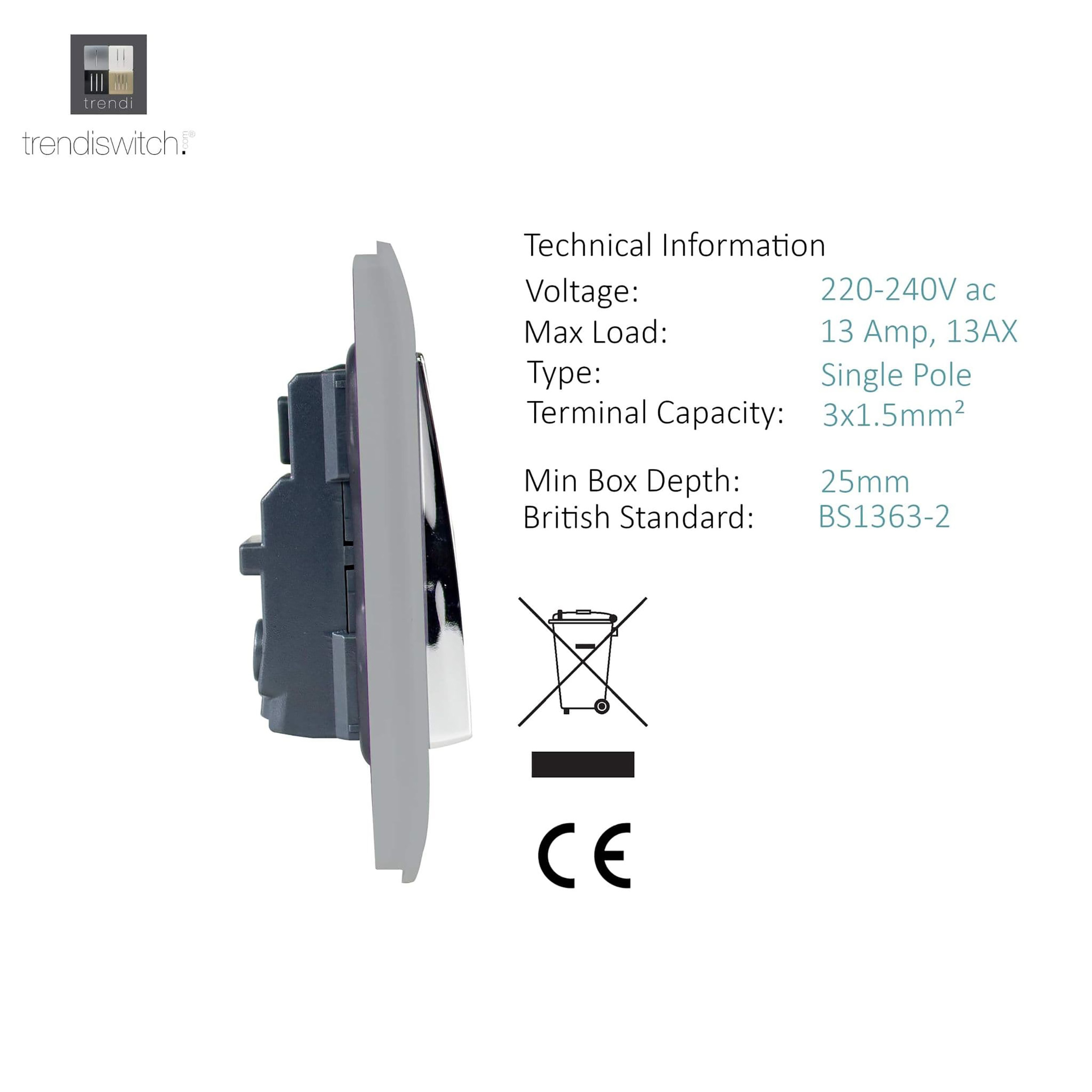 1 Gang 13Amp Switched Single Socket Brushed Steel ART-SKT13BS  Trendi Brushed Steel